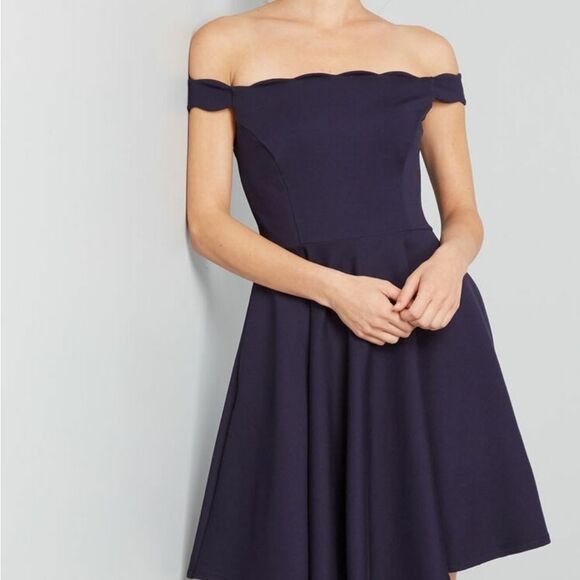 Modcloth Navy Forever Fave Scalloped Off the Shoulder A-line Midi Dress Small - Picture 4 of 12